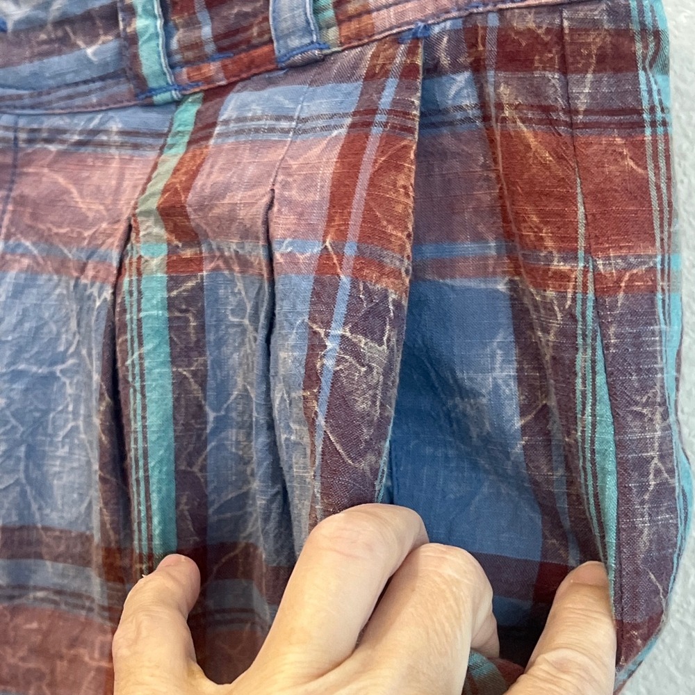 Anthropologie Plaid Wide Leg Pants Blue Red Cotton Plaid Pleated Trousers 2 - Picture 5 of 5